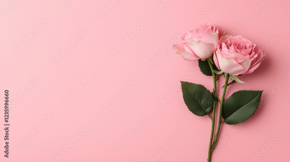 Two delicate pink roses with lush green leaves against a soft pink background, conveying elegance and beauty. Two delicate pink roses with lush green leaves against a soft pink background, conveying elegance and beauty.