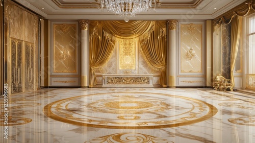 Luxurious gold ballroom interior design, marble floor, event space