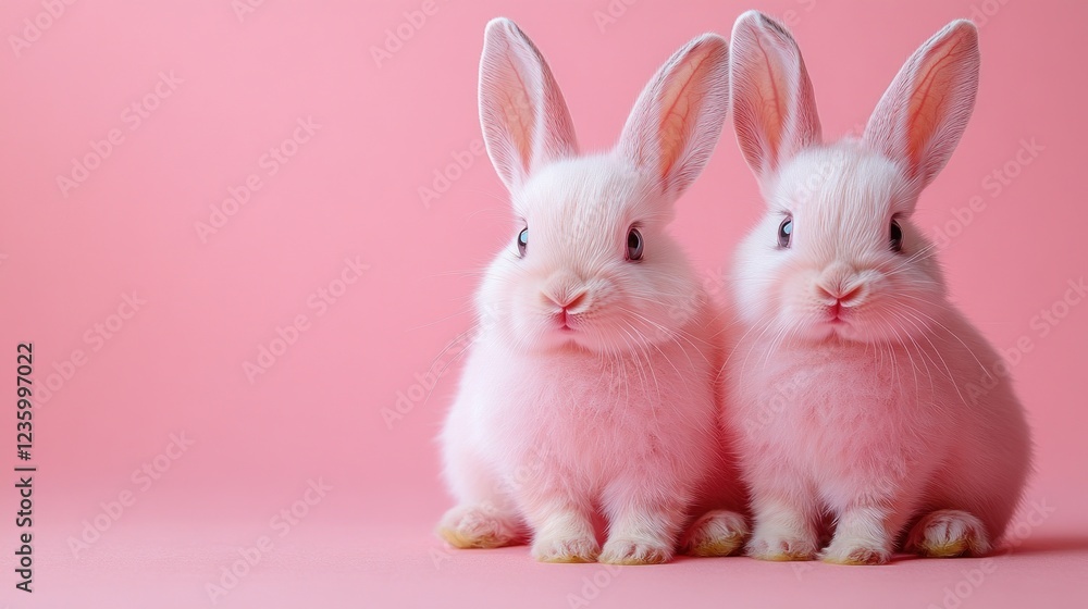 Fototapeta premium Pink bunnies studio shot, pastel background, Easter