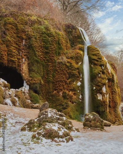 Winter morning atmosphere at the moss covered waterfall