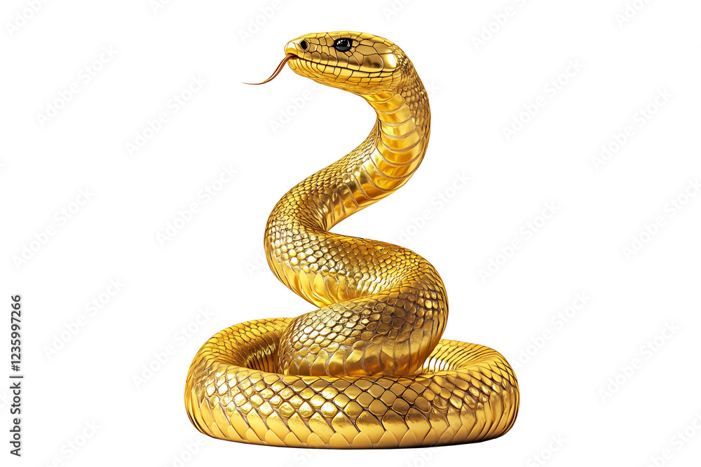 Fototapeta premium Coiled golden snake sculpture with detailed scales isolated on white transparent background, reptiles or wildlife, symbolizing Chinese Lunar New year