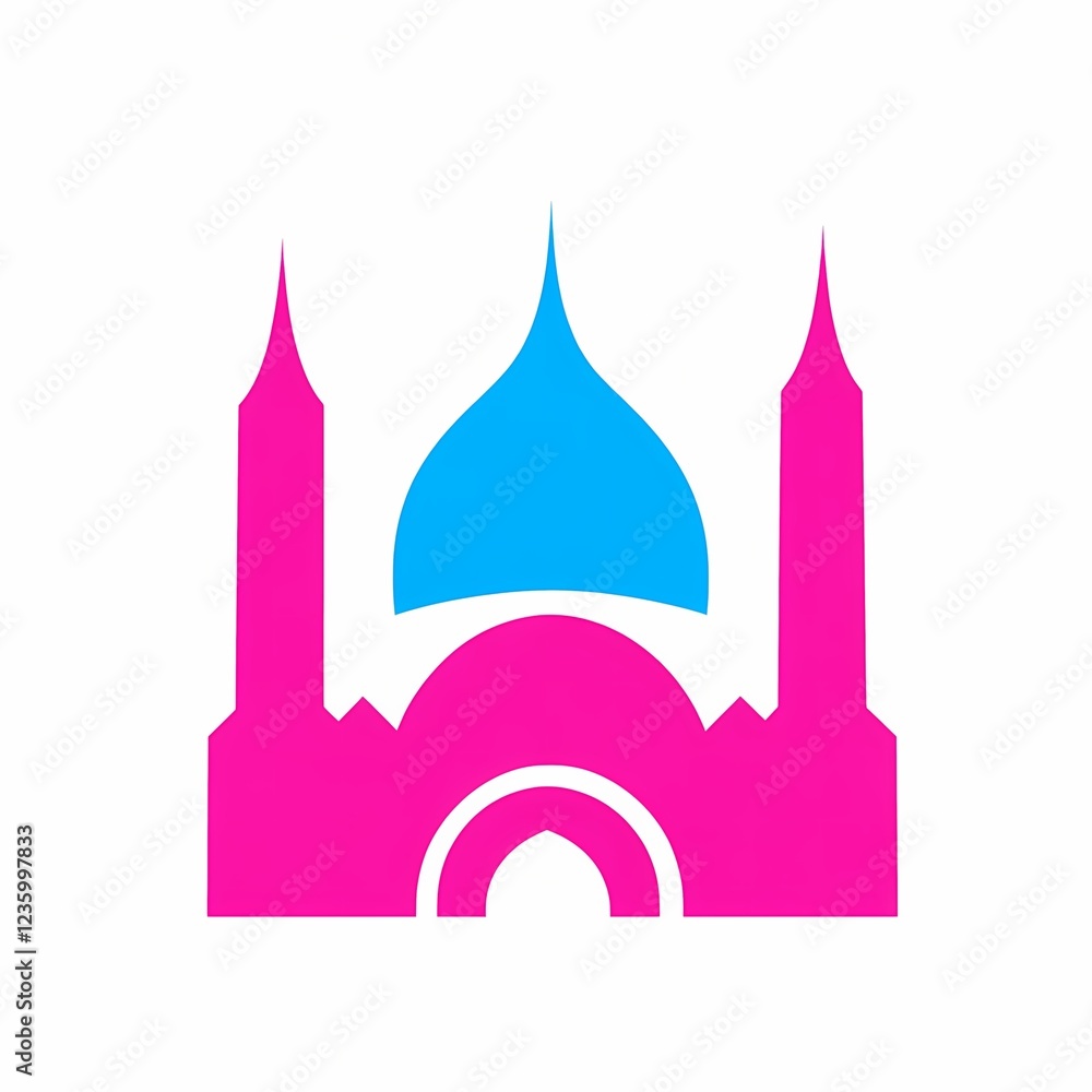 Abstract pink and blue mosque icon with dome and minarets. Abstract pink and blue mosque icon with dome and minarets.