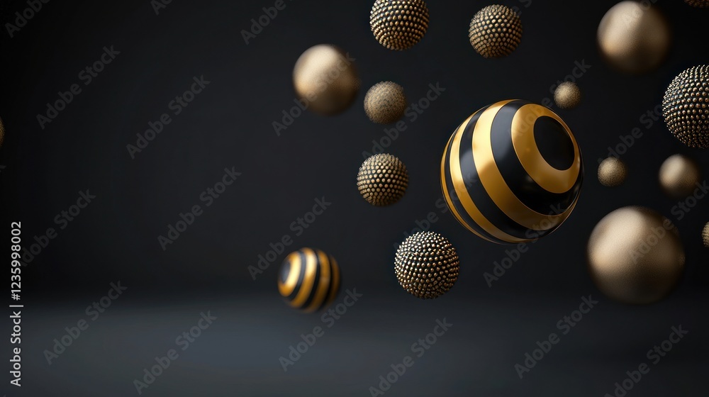 Fototapeta premium Floating Gold and Black Spheres on Dark Background