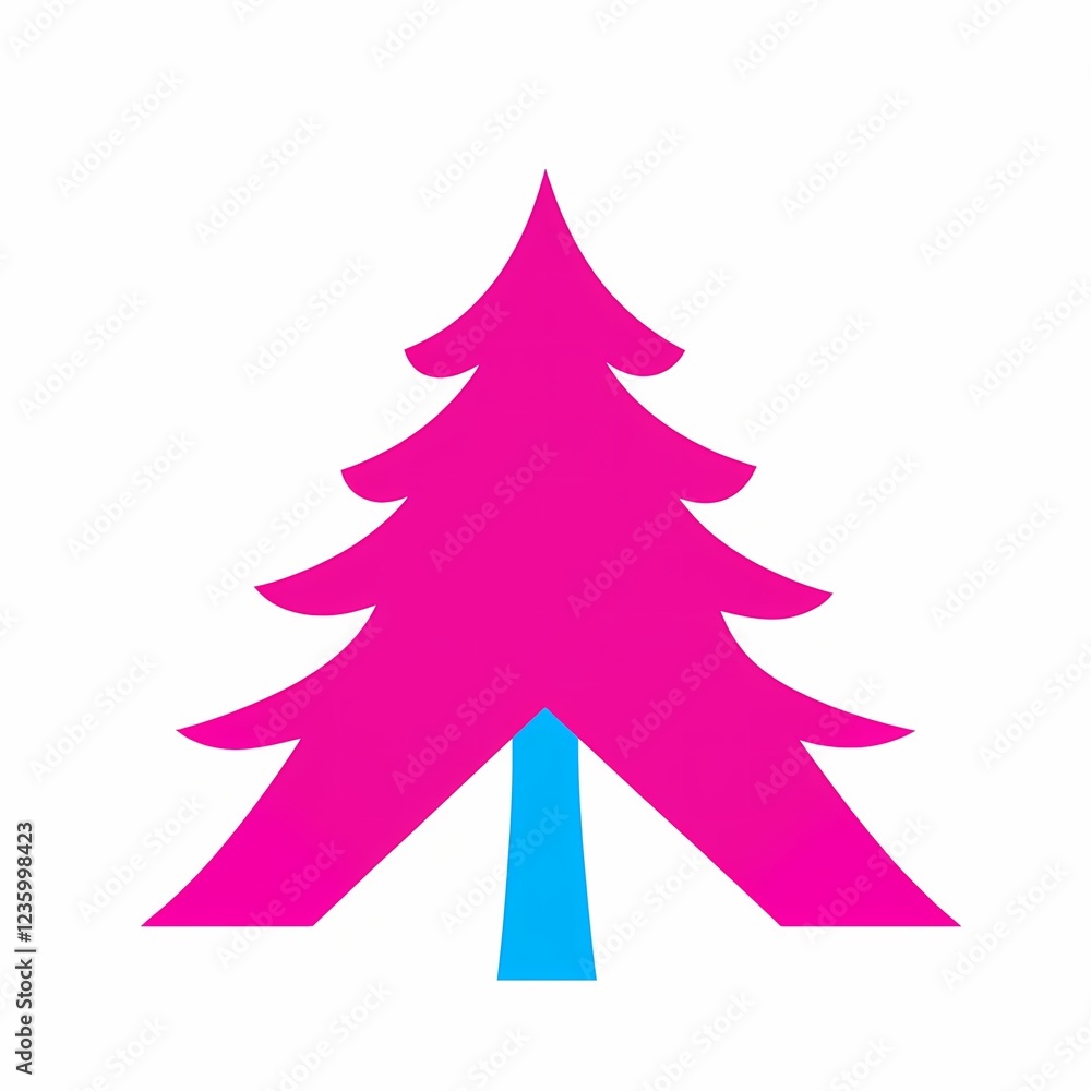 Fototapeta premium Stylized pine tree and tent icon in pink and blue.