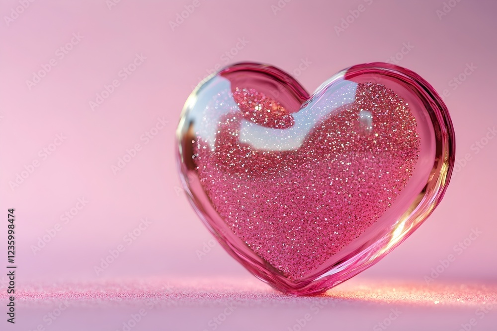 Heart-shaped glass object with glitter inside on pastel background. Valentine's Day symbol of love Heart-shaped glass object with glitter inside on pastel background. Valentine's Day symbol of love