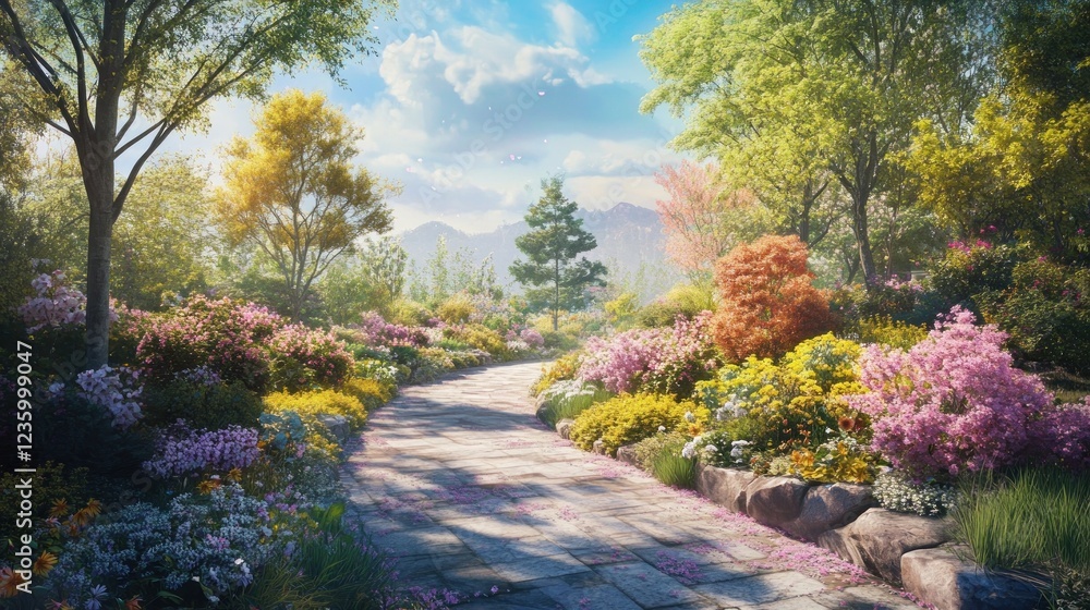 Fototapeta premium A serene garden pathway surrounded by vibrant flowers and lush greenery.