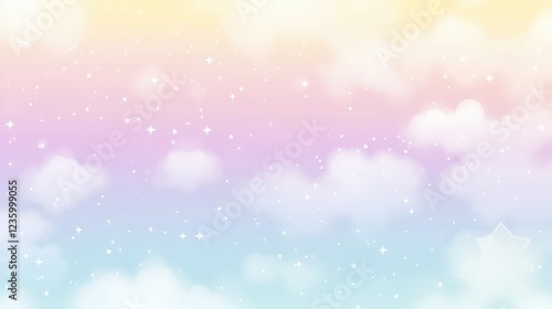 Soft Pastel Rainbow Sky with Clouds and Stars in Subtle Gradient Background for Dreamy and Whimsical Designs