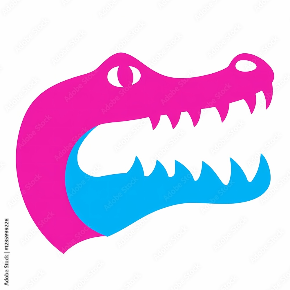 Fototapeta premium Alligator head icon in pink and blue with sharp teeth.