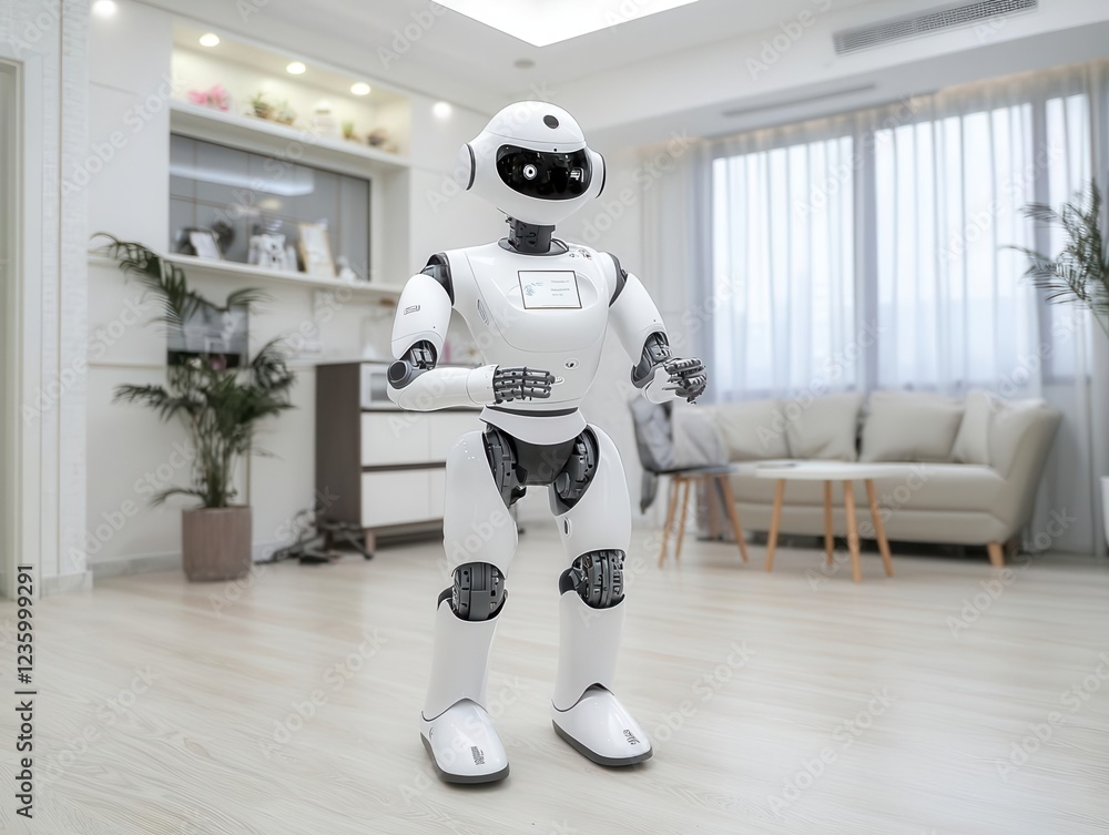 A humanoid robot standing in a modern living room. A humanoid robot standing in a modern living room.
