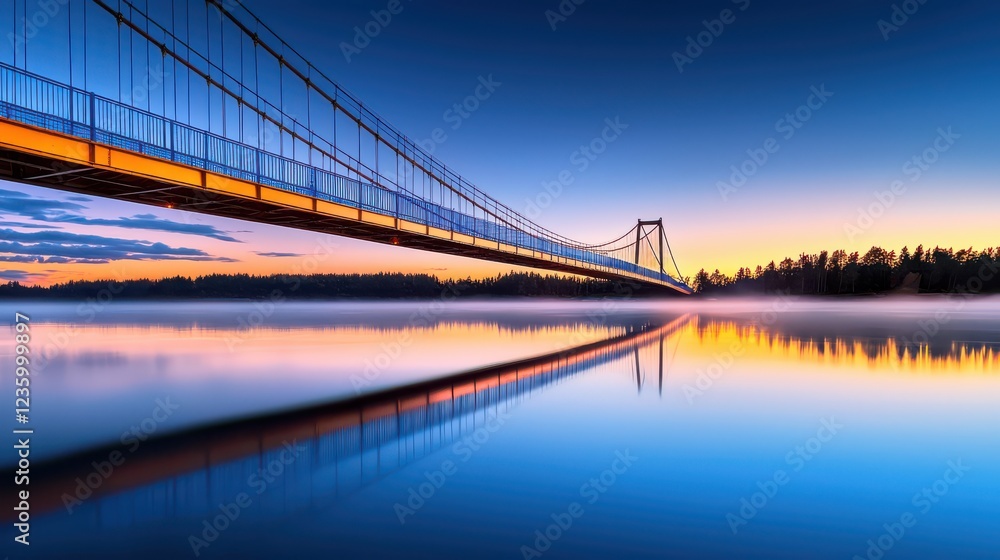 Fototapeta premium A suspension bridge spanning a calm river under a clear twilight sky.