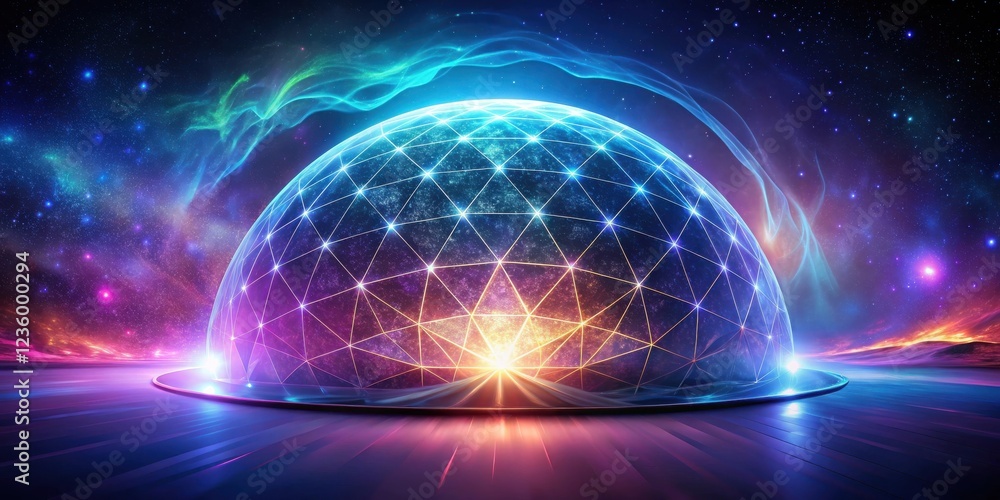Obraz premium A futuristic dome structure with intricate geometric patterns against a backdrop of a celestial sky, illuminating the landscape with a radiant glow.