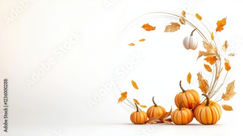 A whimsical autumnal wreath with small pumpkins and dried leaves.