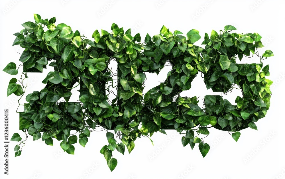 Obraz premium 2025 constructed from lush green leaves and vines, representing nature, isolated on a white background