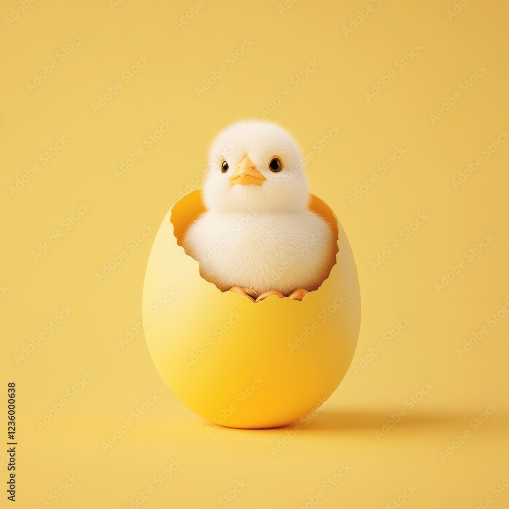 A cute chick emerging from a yellow eggshell, set against a bright yellow background, symbolizing new beginnings and freshness. A cute chick emerging from a yellow eggshell, set against a bright yellow background, symbolizing new beginnings and freshness.