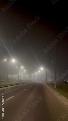 foggy empty city road night view from inside car path forward into the unknown