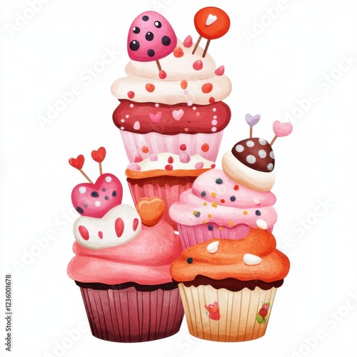 A colorful stack of adorable cupcakes decorated with hearts and sprinkles, perfect for a sweet celebration.
