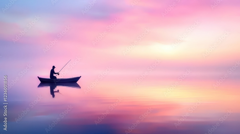Lone fisherman in a small boat silhouetted on a calm lake, with soft reflections and a pink-hued evening sky Lone fisherman in a small boat silhouetted on a calm lake, with soft reflections and a pink-hued evening sky
