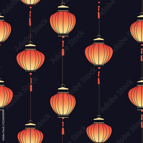 Pattern of red lanterns on a dark background, adding a festive vibe.