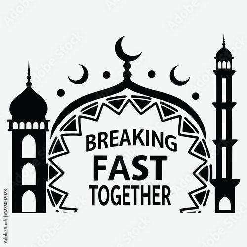 A grand iftar gathering inside a mosque courtyard, with "Breaking Fast Together" text  silhouette image vector art and illustration