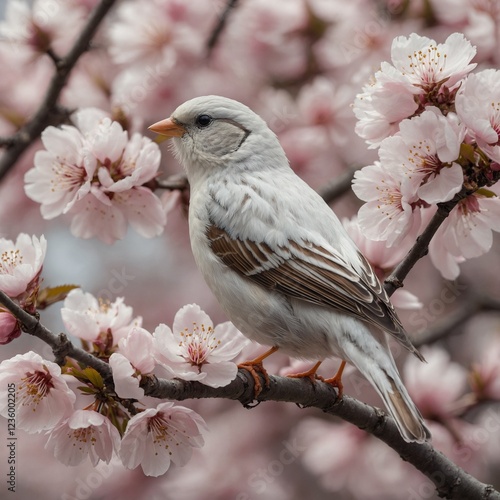 A pure white sparrow perched on a blooming cherry blossom tree, soft pink petals floating in the air.