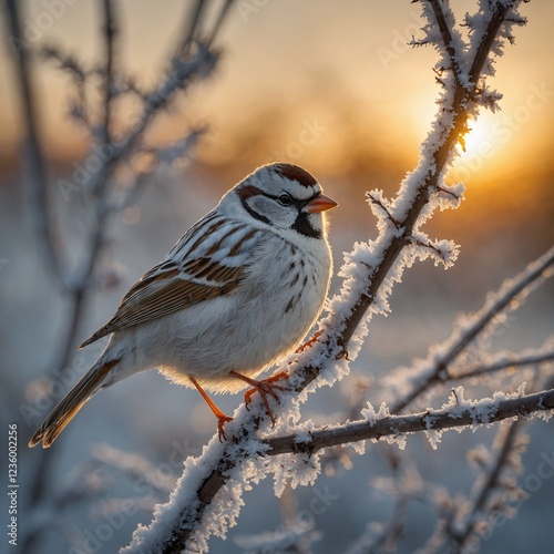 A white sparrow resting on a frosty branch during sunrise, golden light reflecting off the snow.