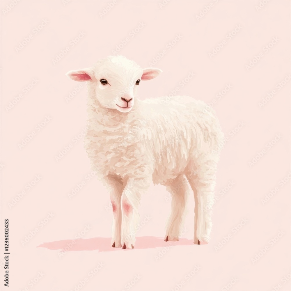Obraz premium Adorable fluffy white lamb on a pink background illustration