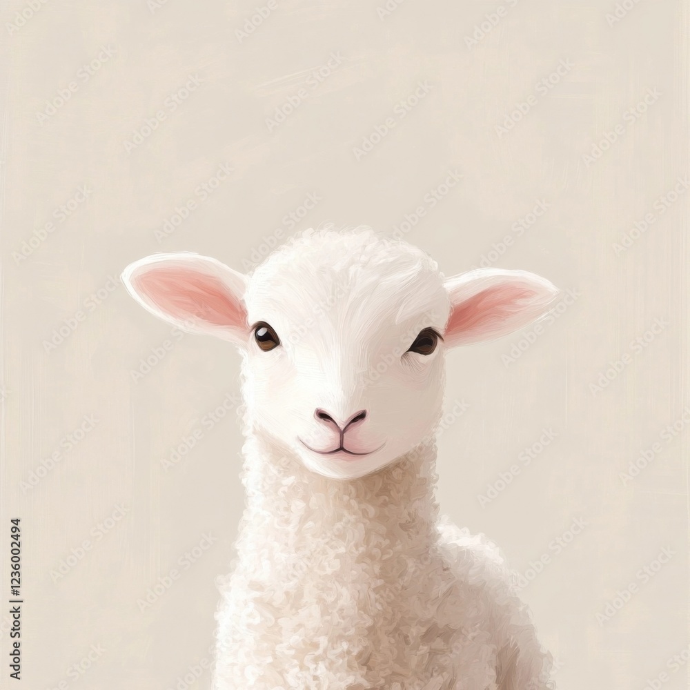 Fototapeta premium Close up illustration of a cute, fluffy white lamb on a beige background