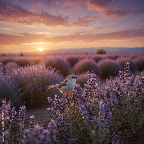 A white sparrow in a lavender field at sunset, the sky painted in shades of purple and orange.