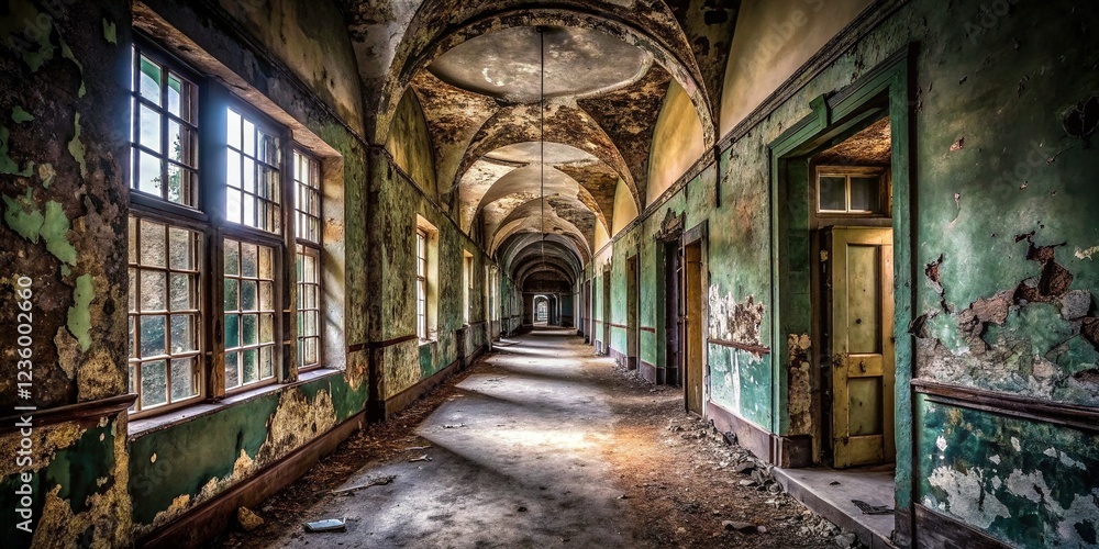 Fototapeta premium Abandoned Hospital Corridor in Gloom and Shadows