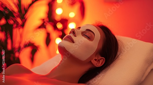 Woman enjoying a facial mask in a serene spa setting, embodying relaxation and luxury.