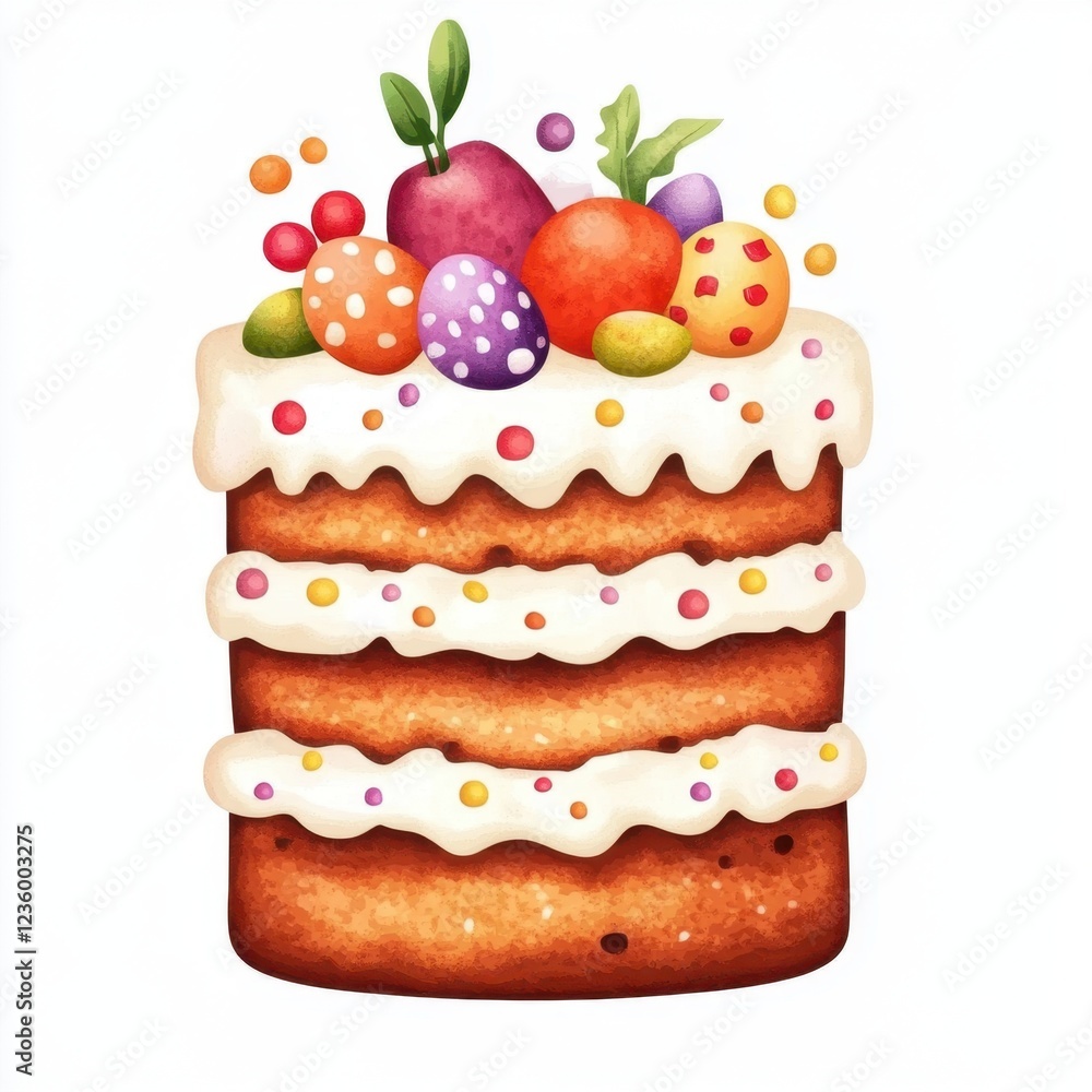 A colorful, layered cake topped with fruits and sprinkles, perfect for celebrations and festive occasions. A colorful, layered cake topped with fruits and sprinkles, perfect for celebrations and festive occasions.
