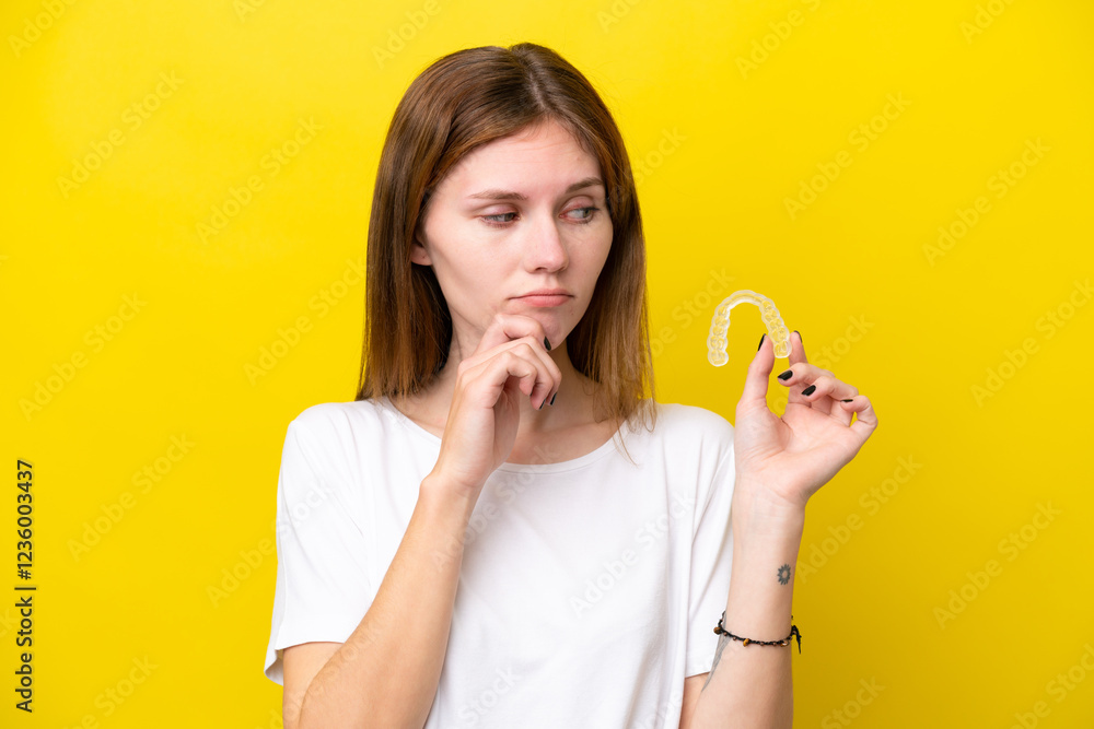 Young English woman holding invisible braces having doubts and thinking Young English woman holding invisible braces having doubts and thinking