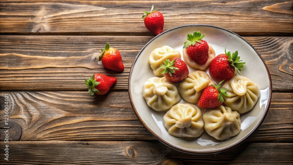 A plate of Georgian dumplings, known as Khinkali, are displayed on a wooden table, accompanied by fresh red strawberries. A plate of Georgian dumplings, known as Khinkali, are displayed on a wooden table, accompanied by fresh red strawberries.