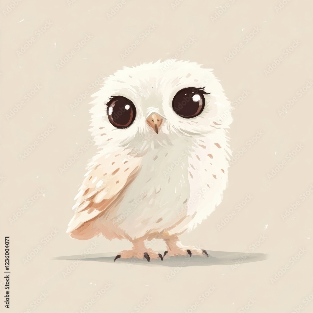 Fototapeta premium Adorable White Baby Owl with Big Eyes Illustration on Soft Background