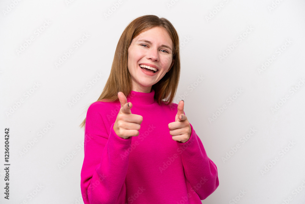 Young English woman isolated on white background surprised and pointing front Young English woman isolated on white background surprised and pointing front