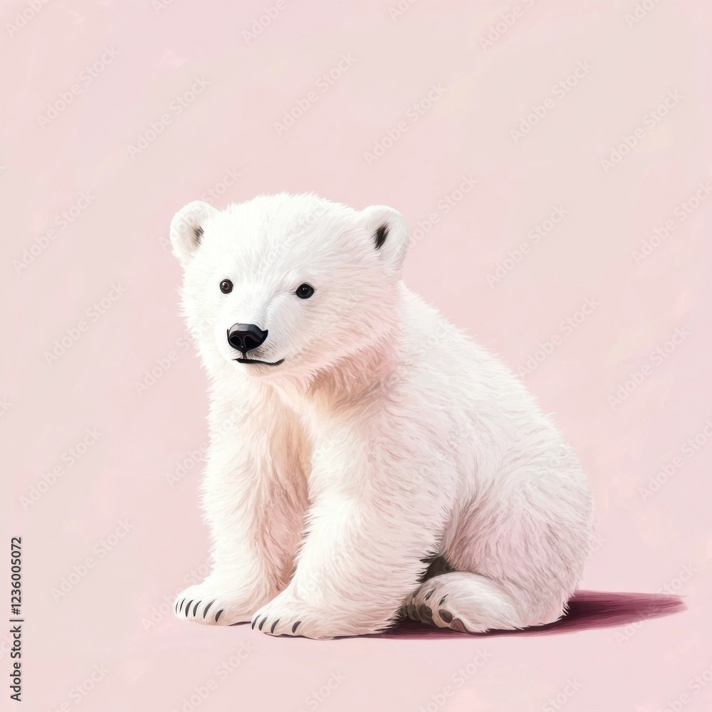 Cute polar bear cub sitting on a soft pink background Cute polar bear cub sitting on a soft pink background