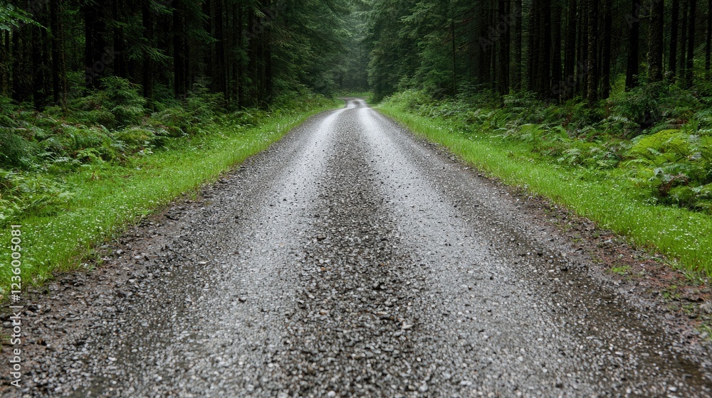 Fototapeta premium Rainy day gravel road through lush forest