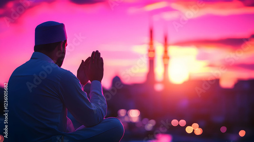 Man in traditional attire praying at sunset, with mosque silhouettes and vibrant sky in background