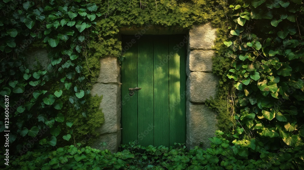 Mysterious green door hidden in ivy covered stone wall with sunlight Mysterious green door hidden in ivy covered stone wall with sunlight