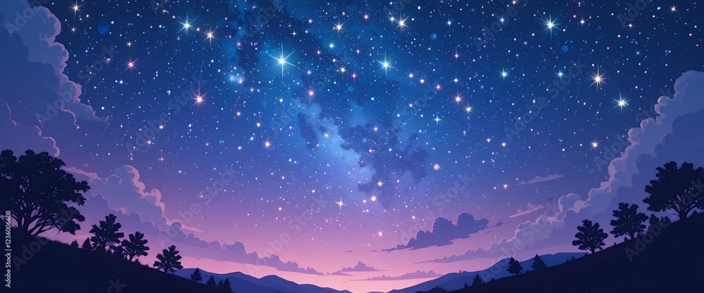 Naklejka premium A serene night sky filled with twinkling stars and soft clouds above dark trees