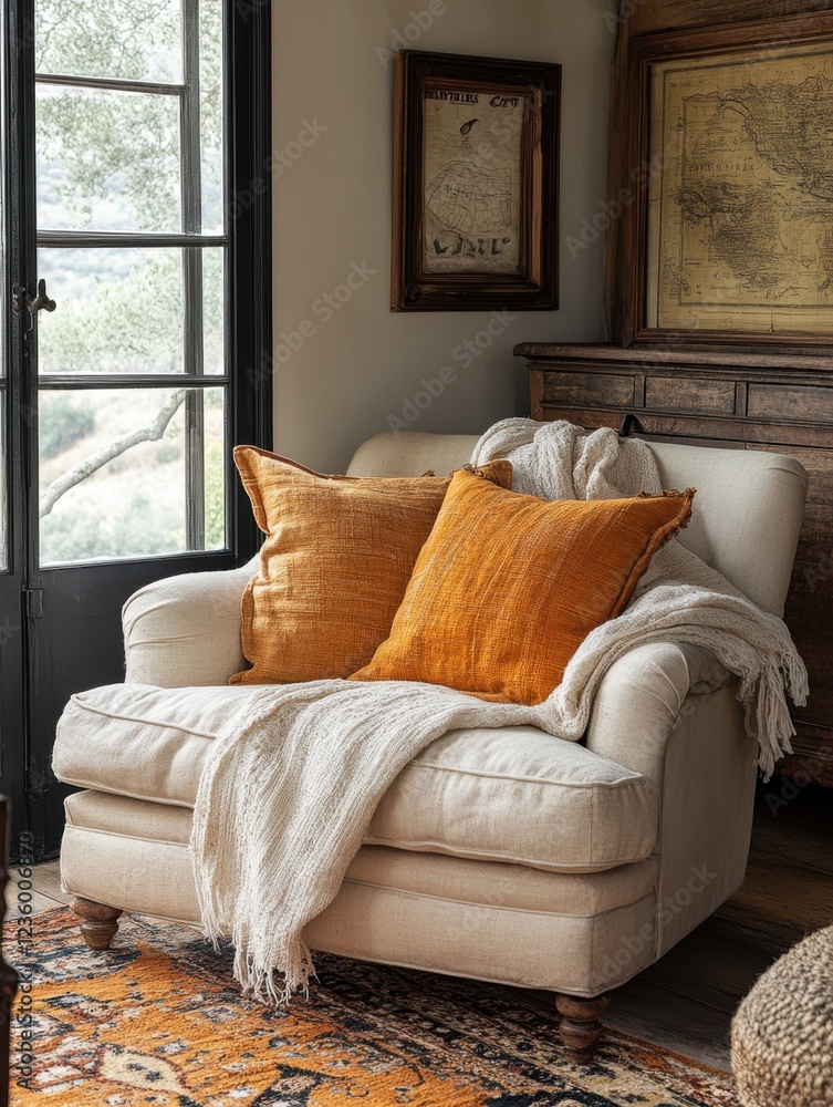 Fototapeta premium Cozy armchair with orange cushions and a soft blanket, set by a window with a rustic vibe.