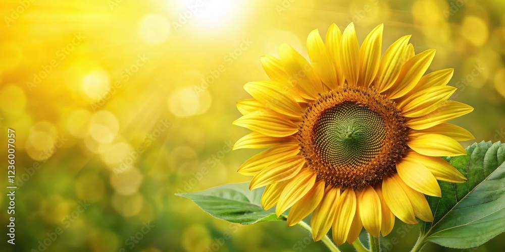 Fototapeta premium A Single Sunflower in a Field of Blurred Yellow and Green Tones, Bathed in Warm Sunshine