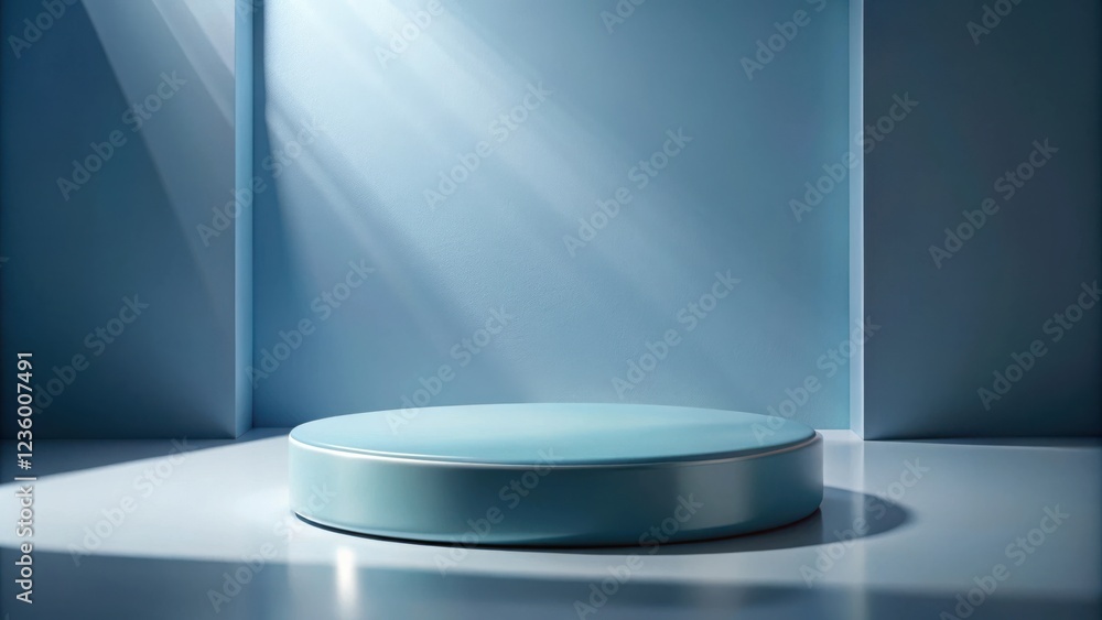 A minimalist blue cylindrical platform with sunbeams illuminating the scene in a modern, clean studio setting. A minimalist blue cylindrical platform with sunbeams illuminating the scene in a modern, clean studio setting.