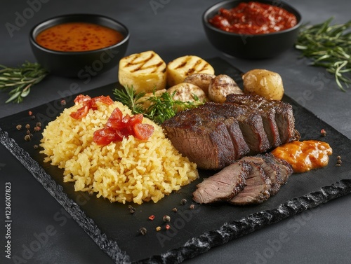 Delicious gourmet meal featuring grilled steak, seasoned rice, and assorted sides on a slate plate photo