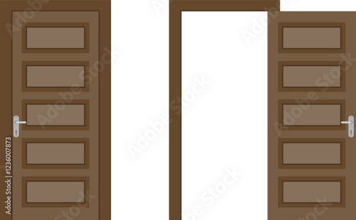 Open and closed door, Entrance door isolated on white background. Background, vector, postcard, poster. Illustration.