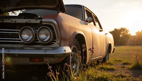 Old Rusty Car in a Field at Sunset
