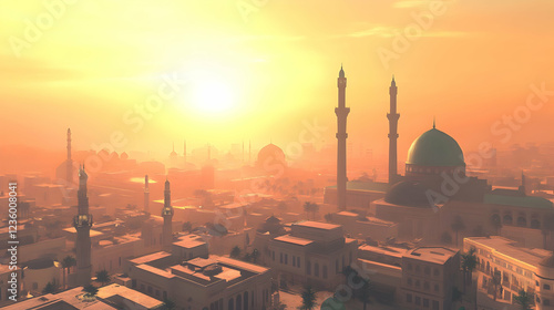 Serene sunset over an ancient cityscape with minarets and domes, casting golden hues in the sky