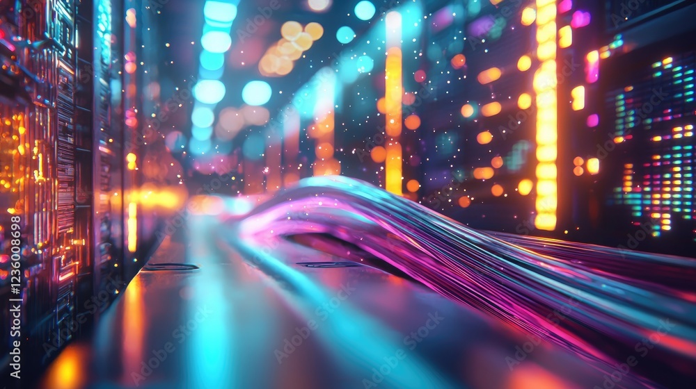 Obraz premium Abstract Digital Stream with Neon Lights and Data Flow