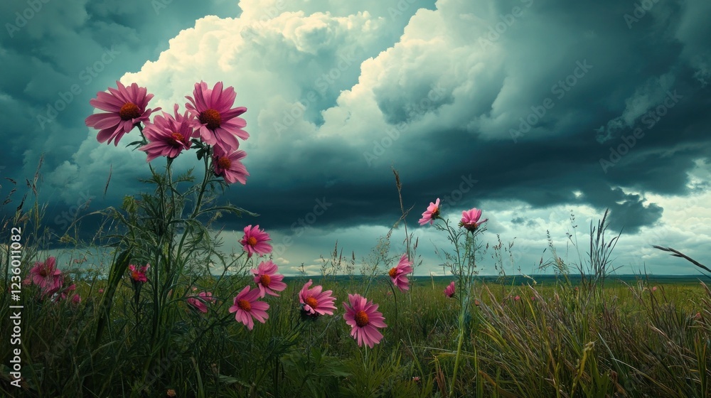 Pink flowers field, storm clouds approach, dramatic sky, nature wallpaper Pink flowers field, storm clouds approach, dramatic sky, nature wallpaper