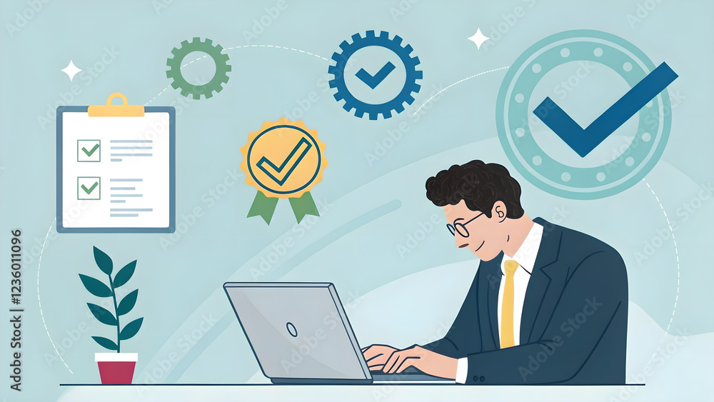 Businessman Working on Laptop with Progress and Achievement Icons Businessman Working on Laptop with Progress and Achievement Icons